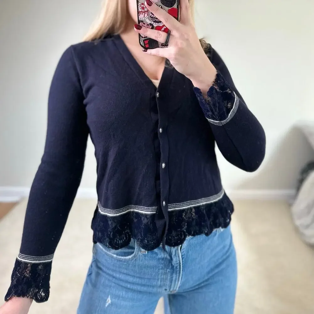 Tory Burch: Merino Wool Navy Velvet Lace Button Front Knit Cardigan